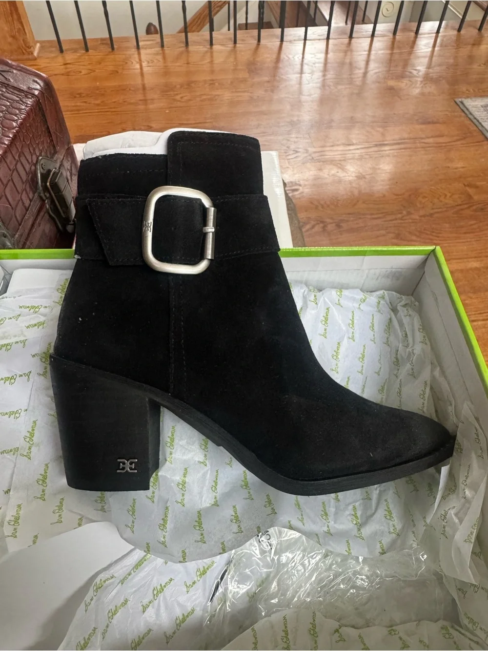 Sam Edelman Leonia Black Suede Pointed Toe Ankle Booties with buckle detail